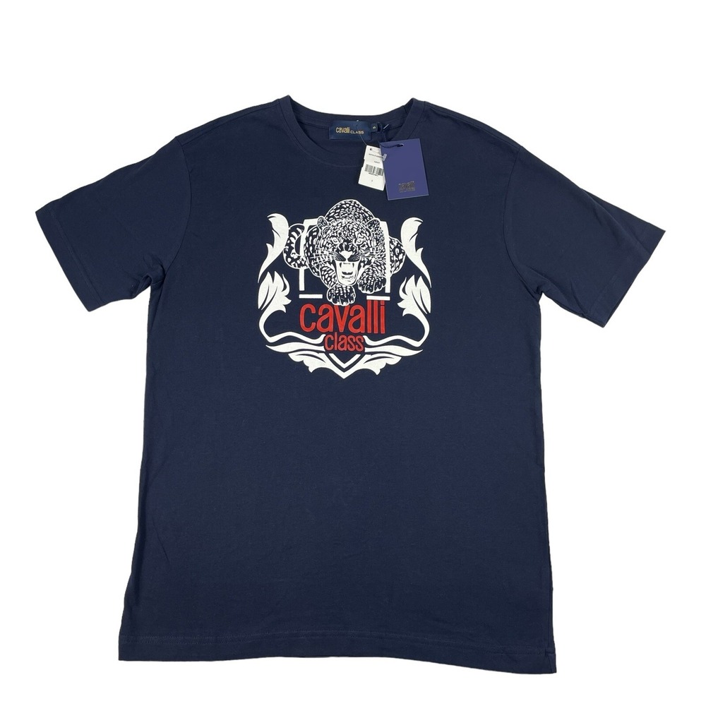 Cavalli Class Mens Blue Jaguar Graphic Cotton T Shirt RXT61P Size S NWT